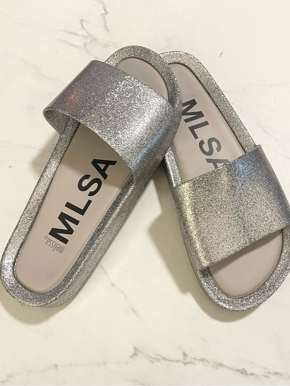 Melissa silver glitter beach slides woman’s size 10